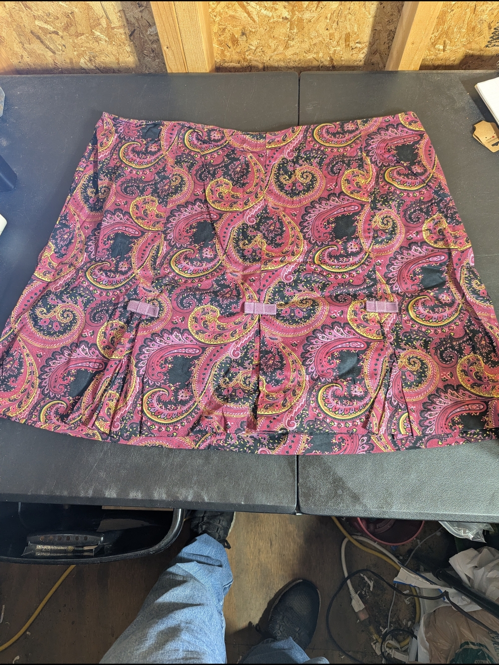 Paisley Pink Mini Skirt with Leather Bow Detail